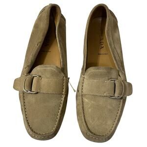PRADA Driving Moccasins Beige Suede Rubber Sole Silver Buckle